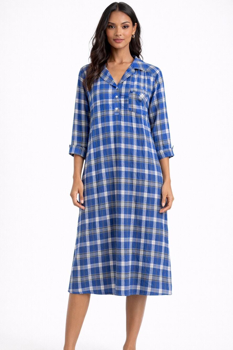 Vintage 1970s Léron Fifth Avenue Blue Plaid Cotton Nightgown large